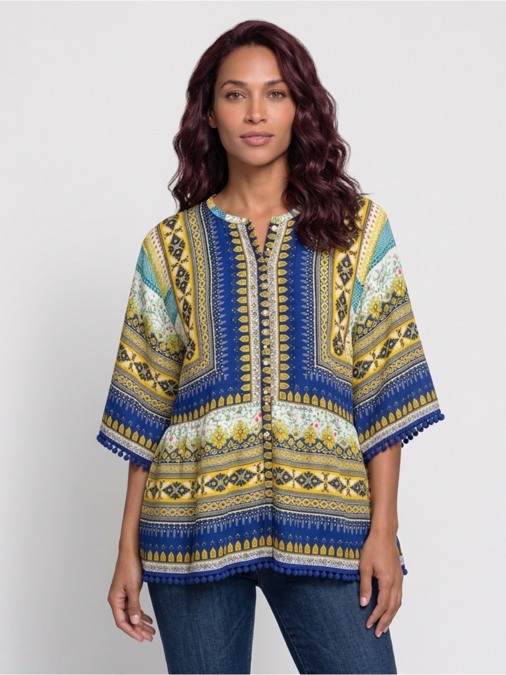 Johnny Was 100% silk Boho Print Tunic Top - Yellow & Blue - Size M. (42” wide”)
